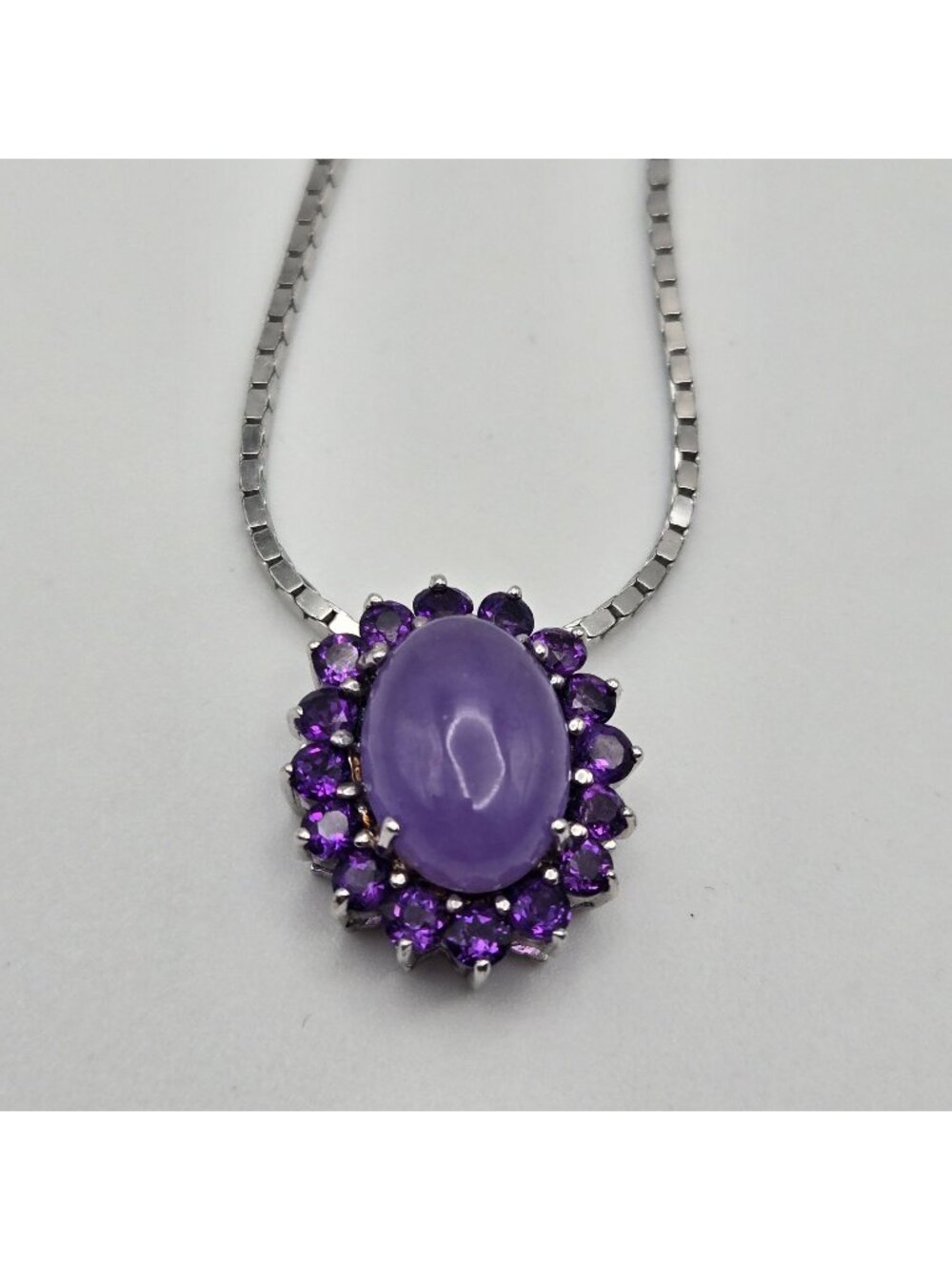 Vintage Purple Amethyst Lavender Jade Oval Pendant Necklace Sterling Silver